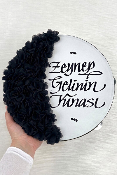 ZEYMERADE Siyah Gelin Tefi 30 Cm, Kaligrafi Ve Lazer Çiçek Süslemeli, Düğün S...