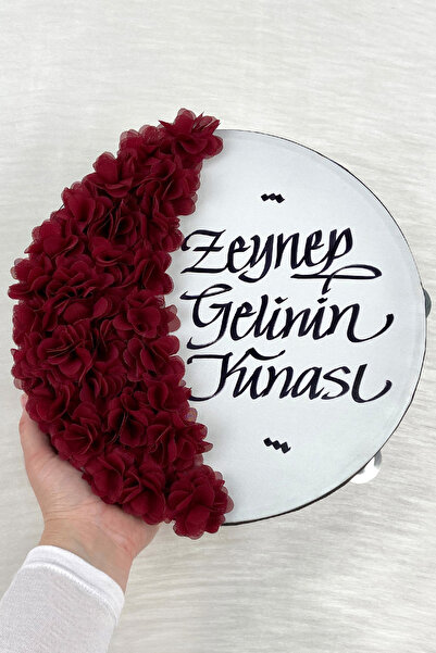 ZEYMERADE Bordo Gelin Tefi 30 Cm, Kaligrafi Ve Lazer Çiçek Süslemeli, Düğün S...