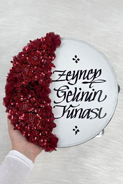 ZEYMERADE Bordo Gelin Tefi 30 Cm, Kaligrafi Ve Vip Aplik Süslemeli, Düğün Sün...