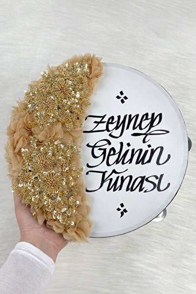 ZEYMERADE Gold Gelin Tefi 30 Cm, Kaligrafi Ve Vip Aplik Süslemeli, Düğün Sünn...