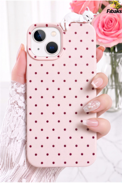Fibaks iPhone 13 / 14 / 15 Kılıf 3D Kedi Pembe Puantiye Noktalı Figürlü Kamer...