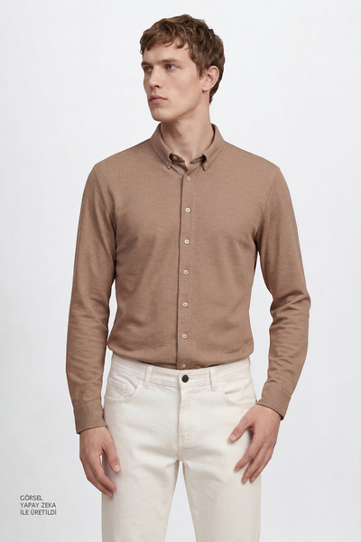 AC&Co / Altınyıldız Classics Erkek Vizon Pamuklu Tailored Slim Fit Dar Kesim Düğmeli Yaka Örme Gömlek