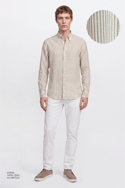 AC&Co / Altınyıldız Classics Erkek Haki-Beyaz %100 Pamuk Comfort Fit Rahat Kesim Düğmeli Yaka Çizgili Gömlek