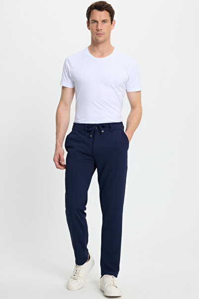 Tudors Erkek Slim Fit Dar Kesim Beli Lastikli Bağcık Detaylı Lacivert Pantolon