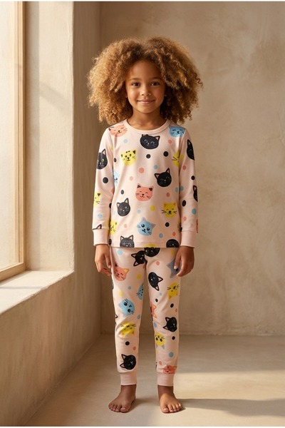 Katia&Bony Girl's Cat Patterned Pajama Set Light Pink