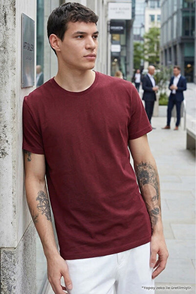 Tudors Unisex Slim Fit Slim Fit 100% Cotton Soft Textured Burgundy Crew Neck ...