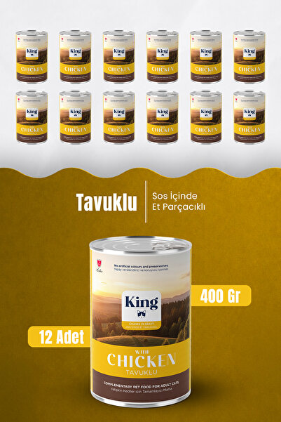 King Sos İçerisinde Et Parçacıklı Tavuklu Kedi Konservesi 400g x 12 Adet