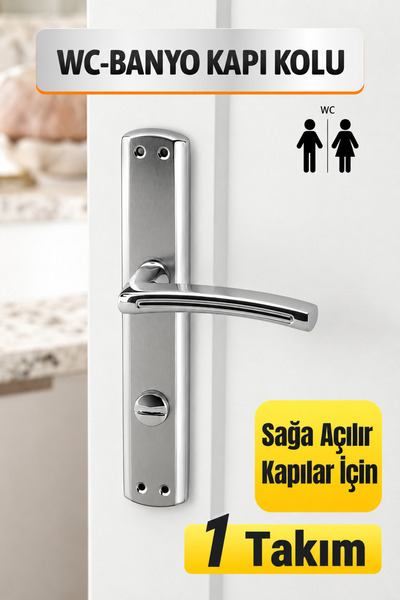 Badem10 Armoni WC Banyo Aynalı Kapı Kolu Nikel İnox Sağa Açılır İç Dış Wc Kap...