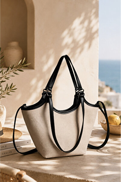 Rimense Women's Linen Black Faux Leather Hand and Shoulder Bag