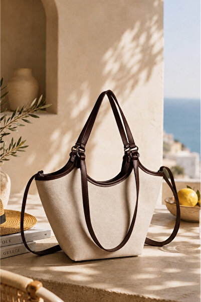 Rimense Women's Linen Bitter Brown Faux Leather Hand and Shoulder Bag