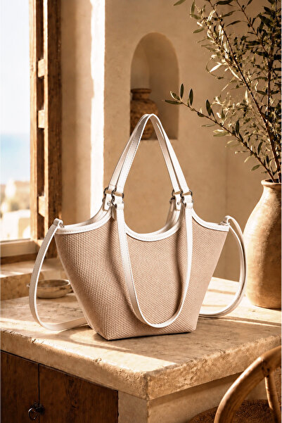 Rimense Women's Straw Cream Faux Leather Hand and Shoulder Bag