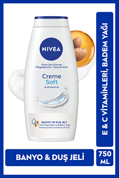 NIVEA Creme Soft Banyo Duş Jeli 750ml, C ve E Vitamini, Badem Yağı, Nemlendir...