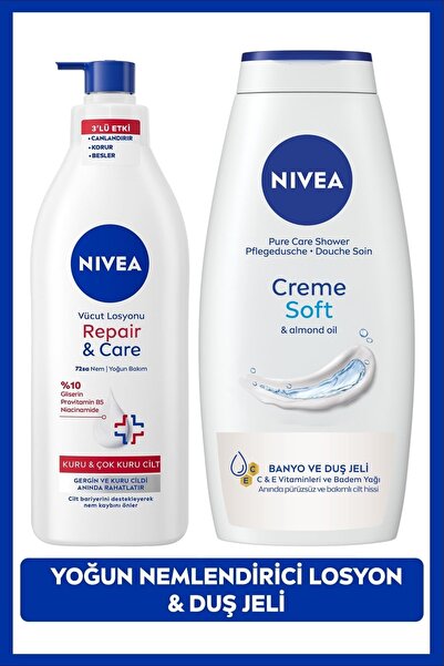 NIVEA Creme Soft Banyo ve Duş Jeli 750ml ve Repair&Care Yoğun Nemlendirici Vü...
