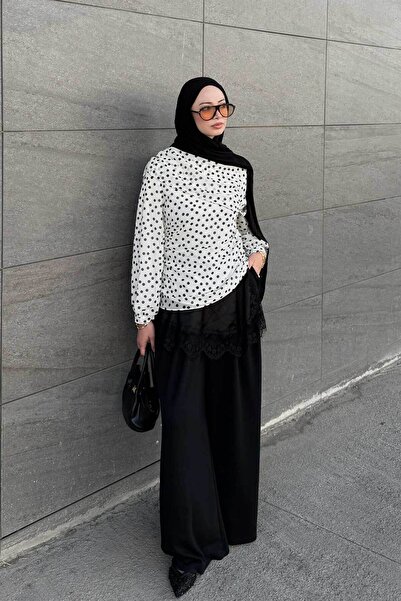LOCCO Women's Polka Dot Tulle Detail Blouse White