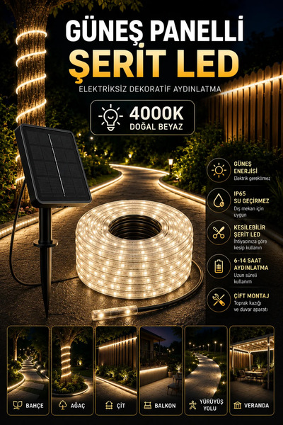Merwish Güneş Enerjili 4000K Şerit LED Işık – IP65 Su Geçirmez Bahçe Ağaç Çit...