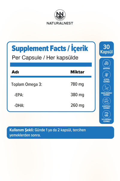 Naturalnest Omega 3 Balık Yağı EPA-DHA - 780 mg - 30 Kapsül
