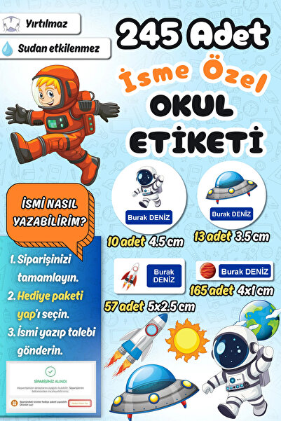 Sticker Ekspres Okul Etiketi Uzay Temalı Kalem Defter Etiketi Özel İsim Yazıl...