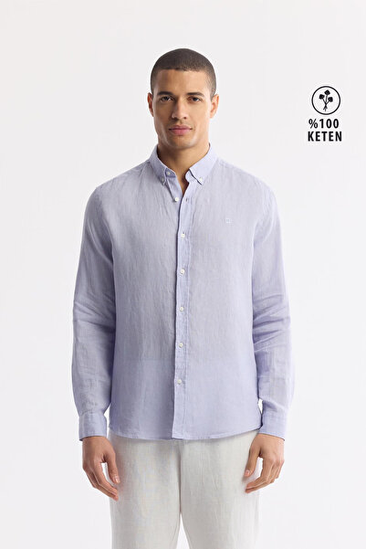Avva Erkek Lila Düğmeli Yaka %100 Keten Comfort Fit Gömlek B002191