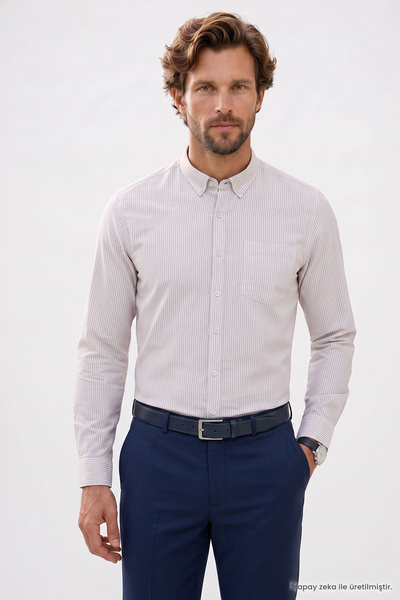 Tudors Men's Slim Fit 100% Cotton Buttoned Collar Striped Long Sleeve Pockete...