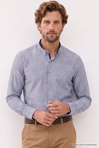 Tudors Men's Regular Fit Comfortable Cut Button-Down Collar Long Sleeve Strip...