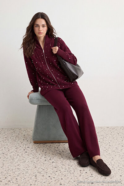 Trendyol Modest Βουργουνδί χρώμα με πέρλες, Υπερμεγέθη, Διπλό Κέντημα, Πλεκτό...