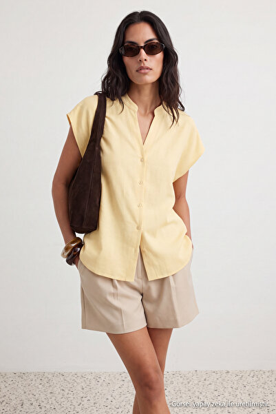 Trendyol Collection Yellow 100% Linen Basic Shirt with Tie Detail on the Back...