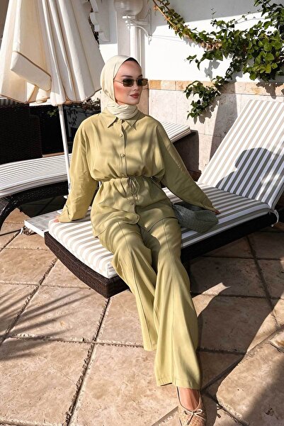 LOCCO Women's Folded Sleeve Detail Shirt Collar Waist Tie Suit Fat Green