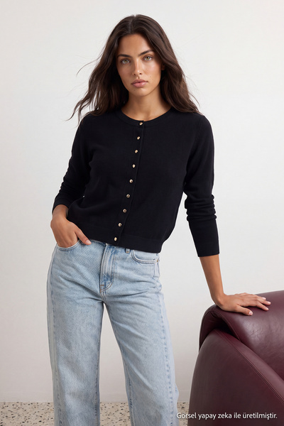 Trendyol Collection Wardrobe Essentials Black Button Detailed Cotton Basic Kn...