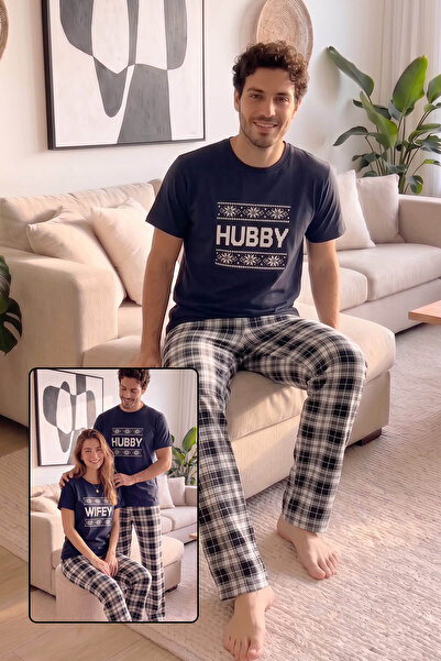 Pijamaevi Lacivert Hubby Kısa Kol Sevgili Aile Pijaması   Erkek Takımı