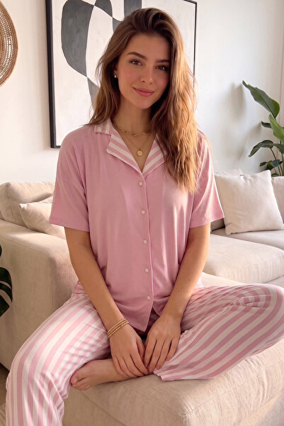 Pijamaevi Powder Pink Line Patterned Bamboo Front Buttoned Short Sleeve Pajam...