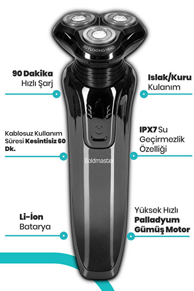 GOLDMASTER Yeni Versiyon Islak&Kuru 2in1 Esnek Oynar Başlıklı 3 Yönlü IPX7 Şarjlı Traş Makinesi