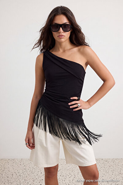 Trendyol Collection Black Plain Fitted/Asymmetrical Collar Sleeveless Tassel ...