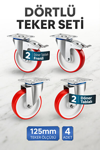 Badem10 Döner Tablalı 125 mm Poliamid Teker Seti 2 Frenli 2 Frensiz Rulmanlı ...