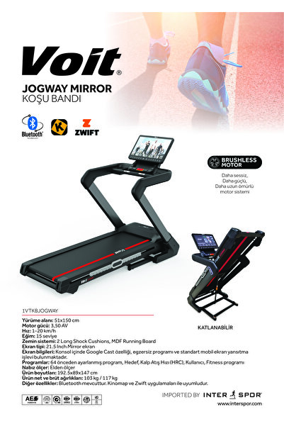 Voit Jogway Mirror Koşu Bandı 3.5 HP Brushless Motor, 20 km/h, 15 Kademe Eğim...