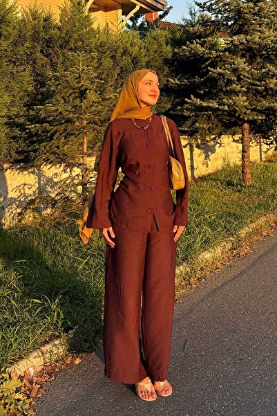 LOCCO Women's Chinese Button Detail Waist Elastic Double Suit Set Plum