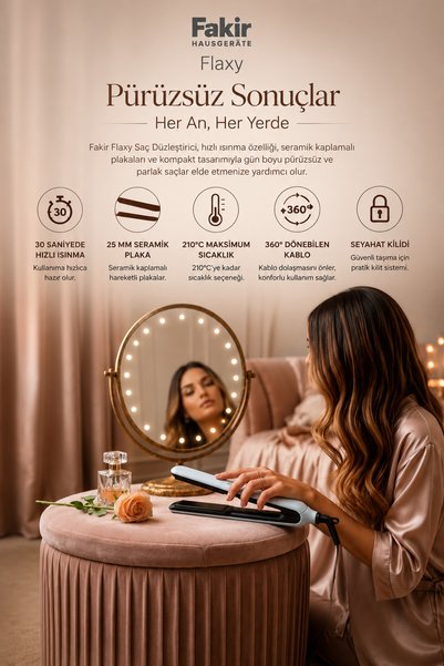 Fakir Flaxy Saç Düzleştirici 25 mm Seramik Plaka 210C Hızlı Isınma
