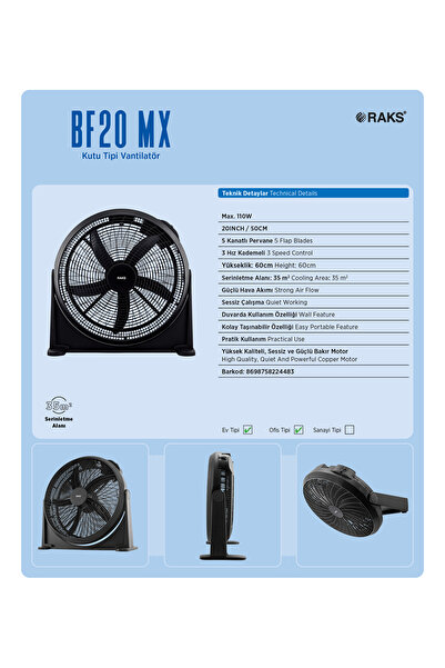 Raks Bf 20 Mx Kutu Vantilatör Duvarda Kullanım Özelliği 110 Watt 20inç/50cm.