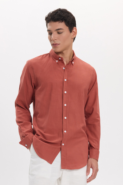 Tudors Ανδρικό πουκάμισο Slim Fit, 100% βαμβακερό, με κουμπιά, πορτοκαλί λινό...