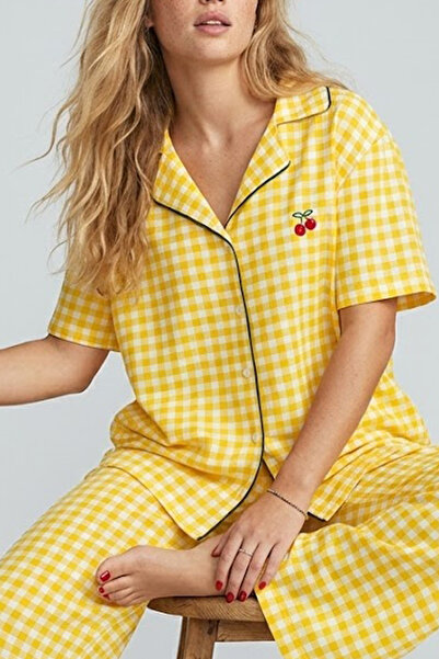 Trendyol Collection Yellow Plaid / Checkered Embroidered and Ribbed Knitted P...