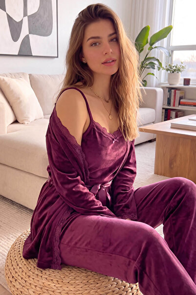 Pijamaevi Plum Garnet Exclusive Velvet Γυναικεία Πιτζάμα Σετ με Ρόμπα