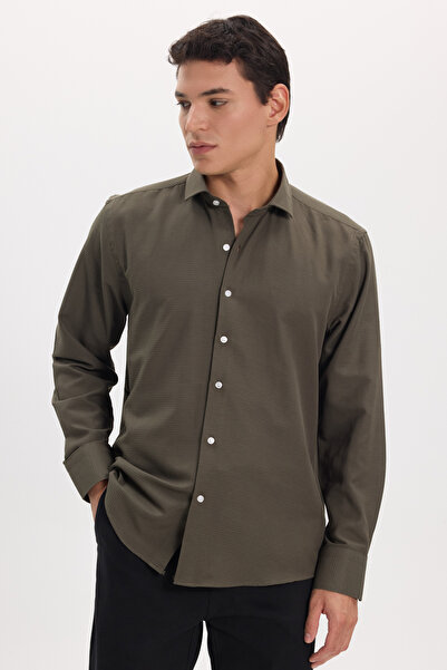 Tudors Men's Regular Fit Classic Cut Cotton Easy-Iron Dobby Khaki Shirt