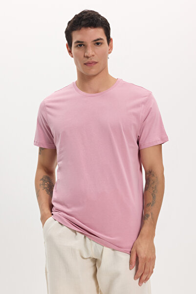 Tudors Unisex Slim Fit Slim Fit 100% βαμβακερό μπλουζάκι με λιλά λαιμόκοψη