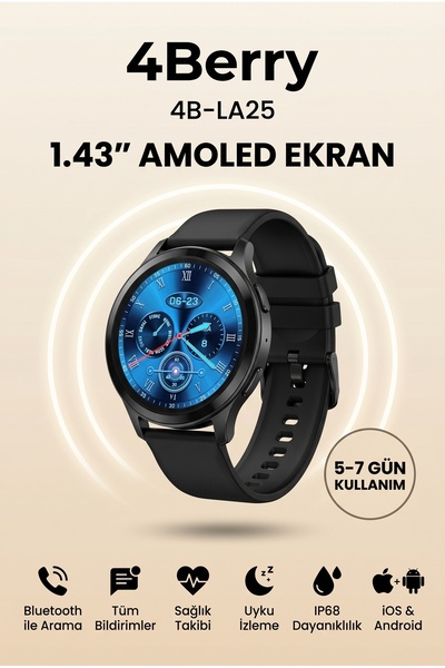 4 Berry 4B-LA25 Akıllı Saat – AMOLED Ekranlı, Bluetooth Arama Destekli, IP68 ...