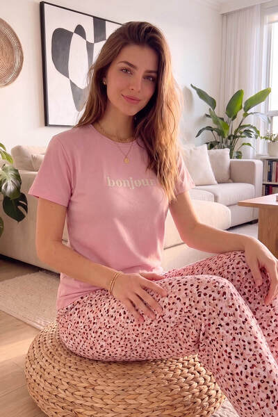 Pijamaevi Pembe Bonjour Desenli Kısa Kollu Örme Kadın Pijama Takımı