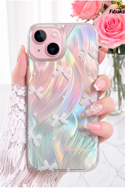 Fibaks iPhone 14 Plus/15 Plus Kılıf Parlak Fiyonk Desenli Darbe Emici Kamera ...