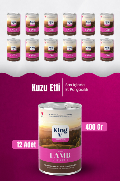 King Sos İçerisinde Et Parçacıklı Kuzu Etli Köpek Konservesi 400 G x 12 Adet