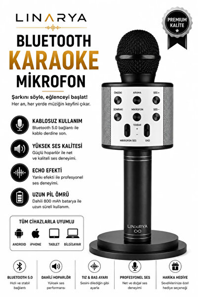 linarya Kablosuz Bluetooth Karaoke Mikrofonu Dahili Hoparlörlü Echo Efektli Ş...