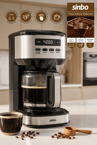 SCM-9043 Otomatik Zaman Ayarlı XL 14 Fincan Filtre Kahve Makinesi Dijital Göstergeli - Gümüş
