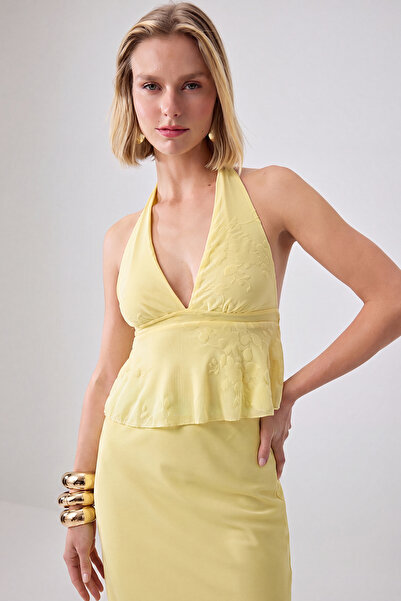 Trendyol Collection Yellow Floral Halter Neck Burnout Party Blouse Tprss26Bz0...