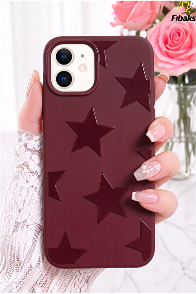 Fibaks iPhone 12 / 12 Pro Kılıf Bordo Yıldız Star Desenli Silikon Darbe Emici...